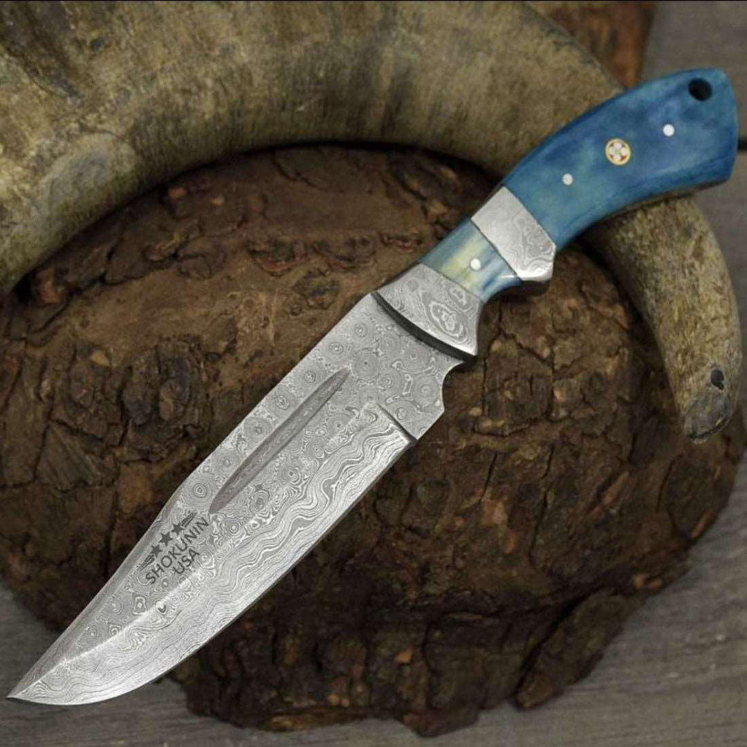 Utility Knife - Enforcer Damascus Bowie Knife with Bone Handle - Shokunin USA