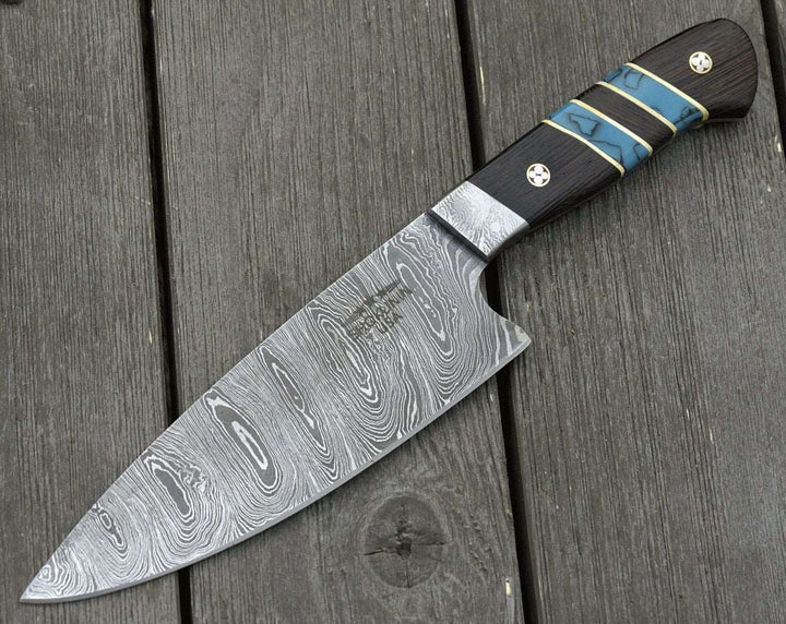 Epicurian Chef Knives – Epicurian Custom Damascus Chef Knife with Exotic Wenge Wood &amp; Turquoise Handle – shokuninusa