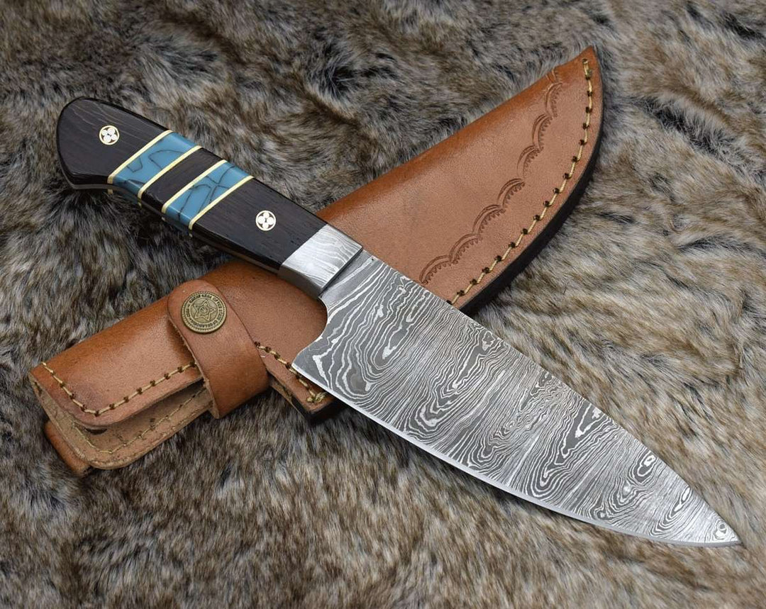 Personalized Kitchen Knives – Epicurian Custom Damascus Chef Knife with Exotic Wenge Wood &amp; Turquoise Handle – shokuninusa