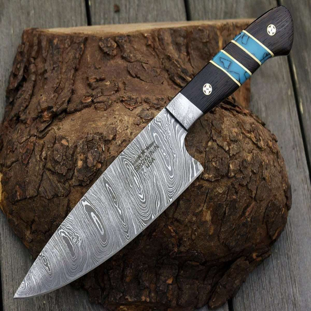 Chef knife - Epicurian Damascus Chef Knife with Exotic Wenge Wood & Turquoise Handle - Shokunin USA