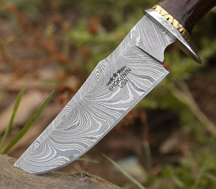 Damascus Knife - Exterminator Deer Hunting Knife with Exotic Wenge Wood Handle - Shokunin USA