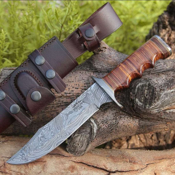 artisan Damascus Bowie knives for sale - Flux Damascus Bowie Knife with Stacked Leather Handle &amp; Leather Sheath - Shokunin USA