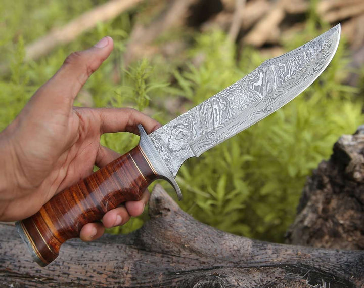artisan Damascus Bowie knives for collectors - Flux Damascus Bowie Knife with Stacked Leather Handle &amp; Leather Sheath - Shokunin USA