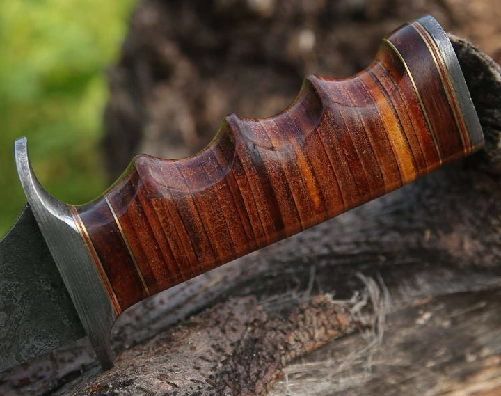 artisan Damascus Bowie knives for men - Flux Damascus Bowie Knife with Stacked Leather Handle &amp; Leather Sheath - Shokunin USA