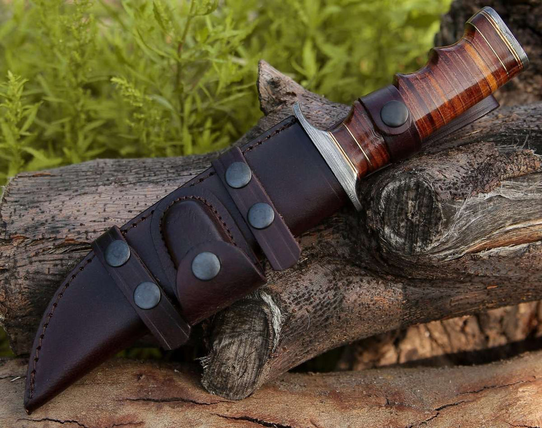 artisan Damascus Bowie knives for special occasions - Flux Damascus Bowie Knife with Stacked Leather Handle &amp; Leather Sheath - Shokunin USA