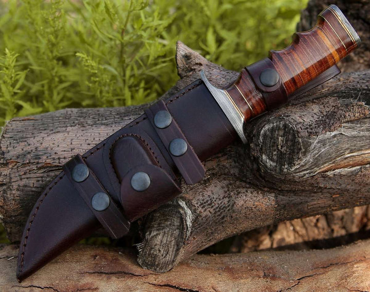 artisan Damascus Bowie knives for special occasions - Flux Damascus Bowie Knife with Stacked Leather Handle &amp; Leather Sheath - Shokunin USA
