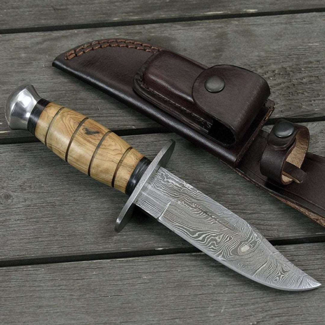 Utility Knife - Frontier Damascus Military Knife with Exotic Olive Wood Handle - Shokunin USA