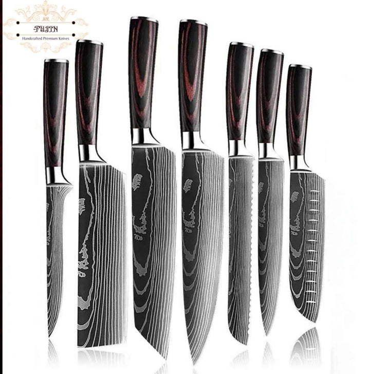 FUJIN™ 7 Pcs Damascus Pattern Stainless Steel kitchen knife set - Shokunin USA