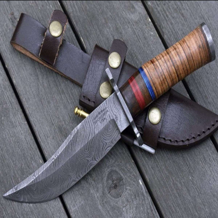 Utility Knife - Fusion Damascus Hunting Knife with Stacked Leather handle - Shokunin USA