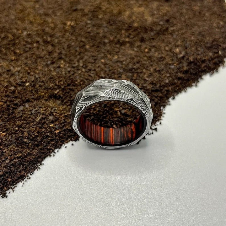 Fusion Damascus Rings – Fusion Damascus Steel Wedding Ring Band with Wood Inlay – shokuninusa