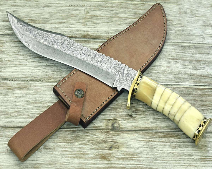Glimmer Bowie Knives – Glimmer - Damascus Trailing Point Bowie Knife with Bone Mosaic Handle – shokuninusa