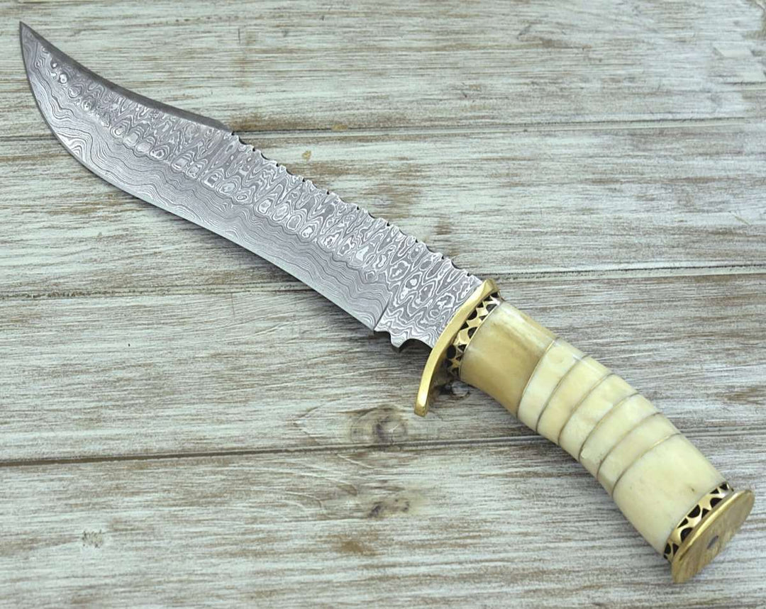 Glimmer Hunting Knife – Glimmer - Damascus Trailing Point Bowie Knife with Bone Mosaic Handle – shokuninusa