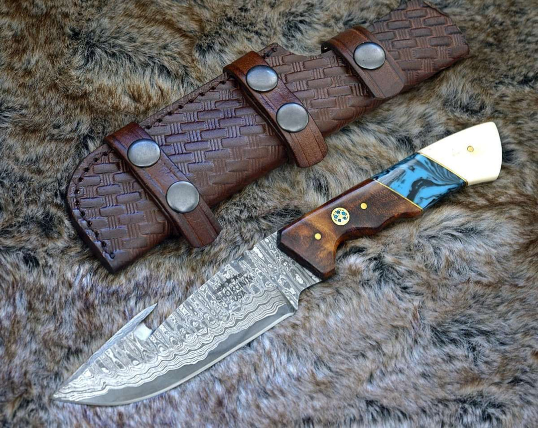 Gut Hooks Personalized - Harmony Gut Hook Hunting Knife with Rosewood Bone &amp; Turquoise Handle - Shokunin USA