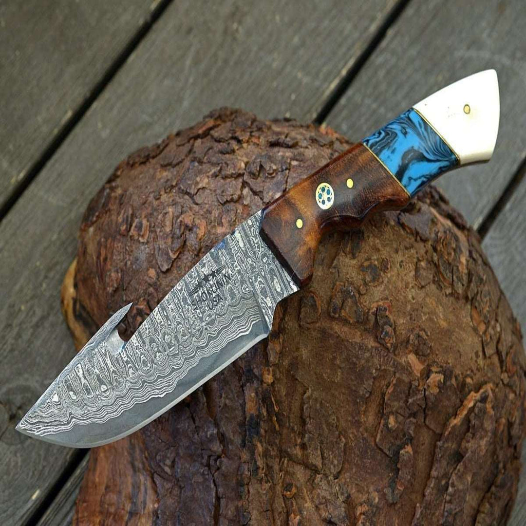 Damascus Knife - Harmony Gut Hook Hunting Knife with Rosewood Bone & Turquoise Handle - Shokunin USA