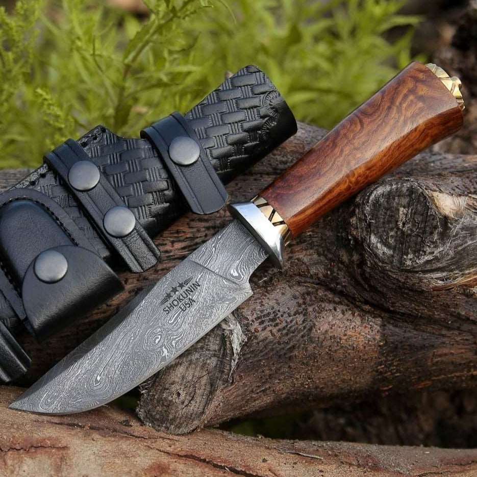 Utility Knife - Holy Defender Damascus Hunting Knife with Exotic Rose Wood Handle - Shokunin USA
