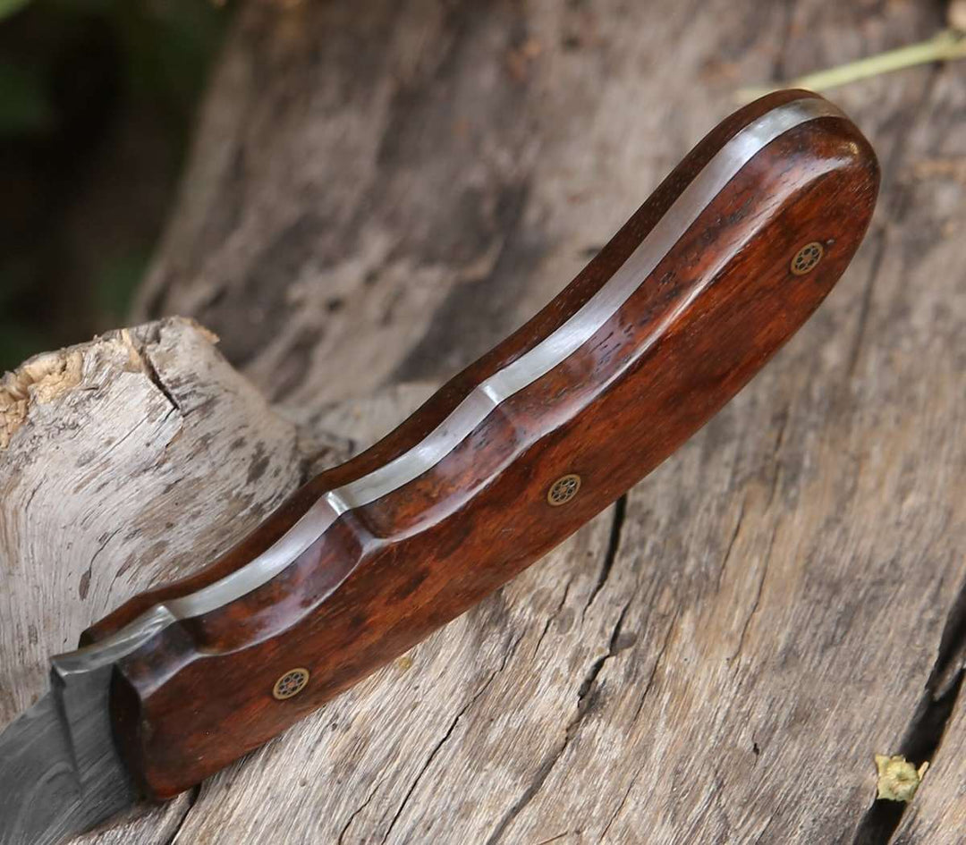Damascus Steel Kukri – Huntsman Damascus Kukri Knife with Exotic Rose Wood Handle – shokuninusa