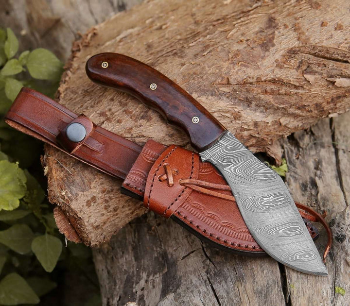 Outdoor Hunting Knives – Huntsman Damascus Kukri Knife with Exotic Rose Wood Handle – shokuninusa