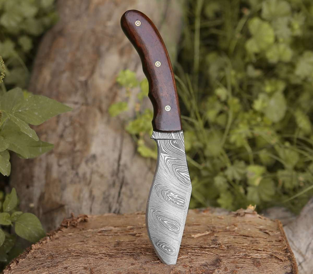 Damascus Kukri Knife – Huntsman Damascus Kukri Knife with Exotic Rose Wood Handle – shokuninusa