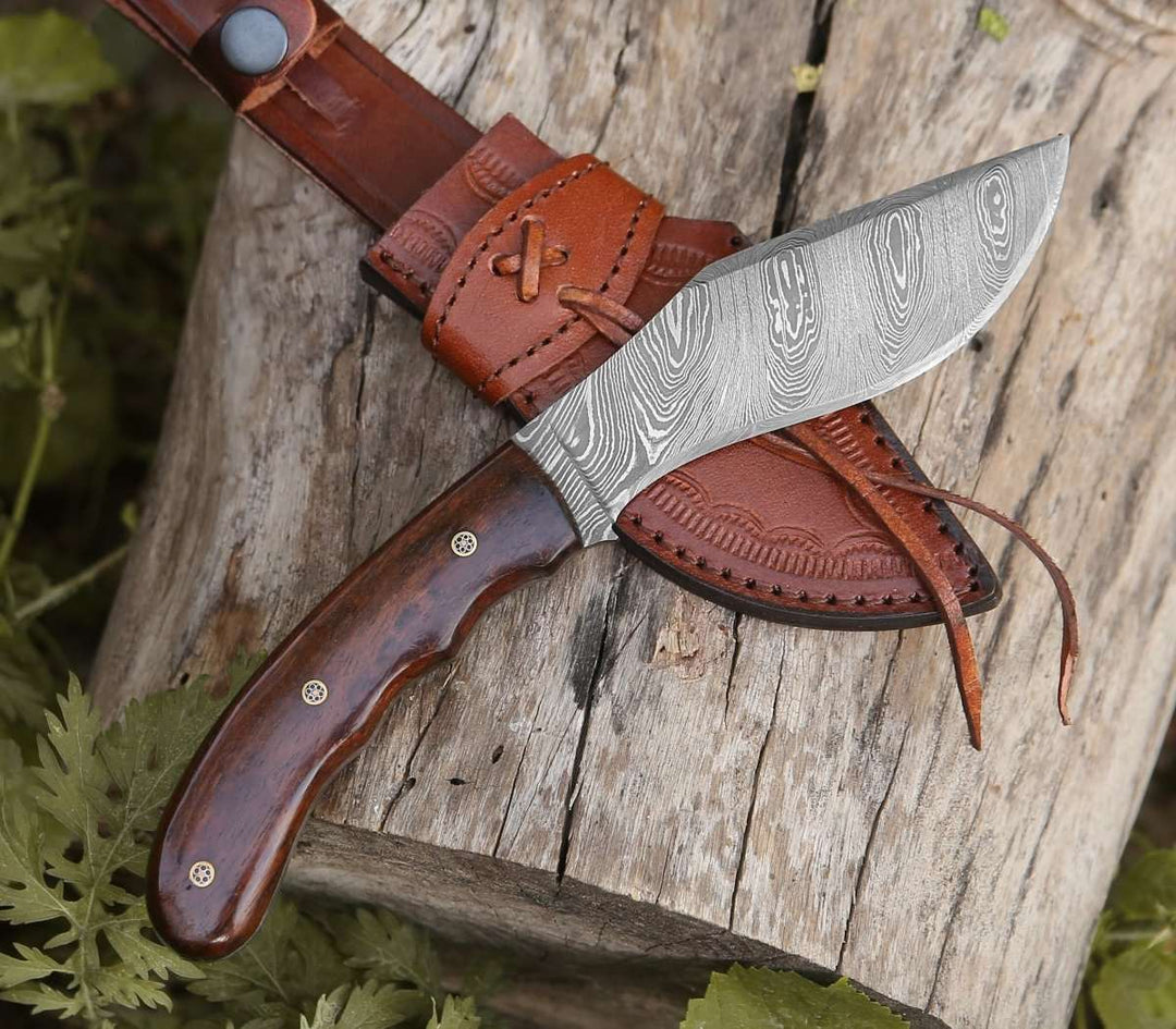 Damascus Kukri Knives – Huntsman Damascus Kukri Knife with Exotic Rose Wood Handle – shokuninusa