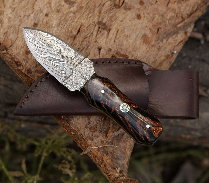 Toys &amp; Games - Ambush Damascus Fixed Blade Pocket Knife 6" with Pine Cone Handle &amp; Leather Sheath - Shokunin USA