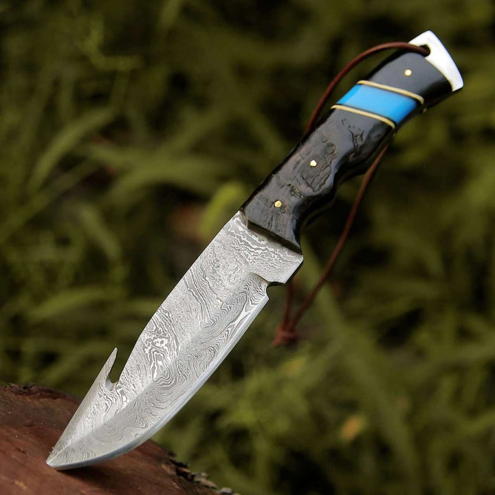 Utility Knife - Inferno Damascus Steel Knife with Ram Horn & Turquoise Handle - Shokunin USA