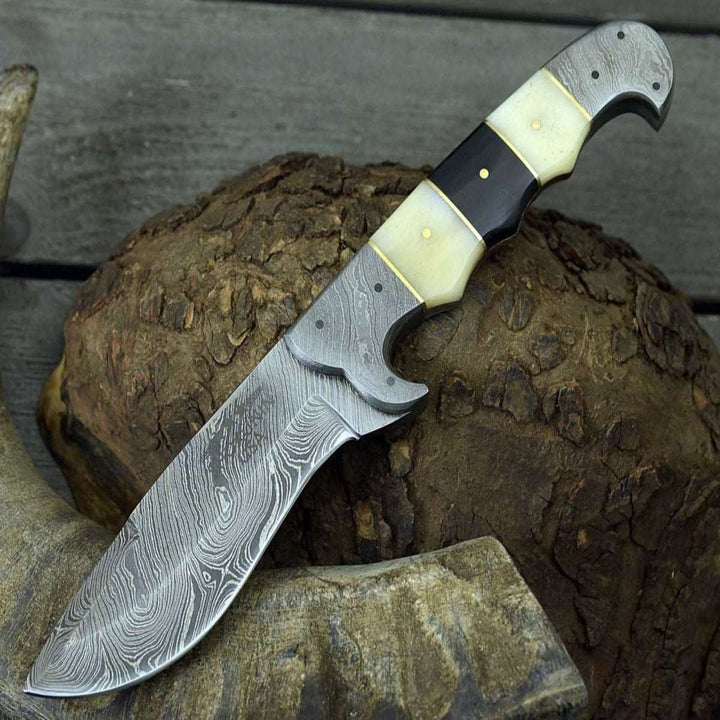Damascus Knife - Kopesh Damascus Steel Engraved Hunting Knife with Bone & Horn Handle - Shokunin USA