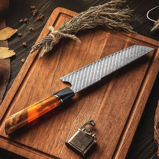 Chef Knife - Kotetsu VG10 Chef Knife Damascus Nakiri Knife with Exotic Olive Wood Handle - Shokunin USA
