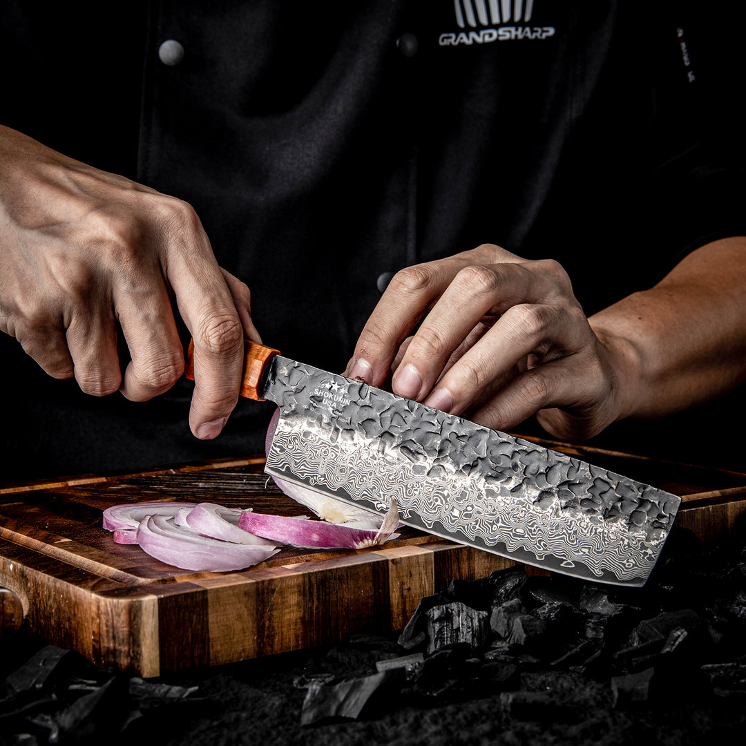 Chef knife - Sterling VG10 Damascus Nakiri Knife with Exotic Ebony Wood Composite Handle - Shokunin USA