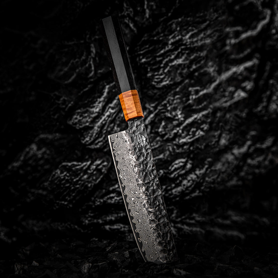 Chef knife - Sterling VG10 Damascus Nakiri Knife with Exotic Ebony Wood Composite Handle - Shokunin USA