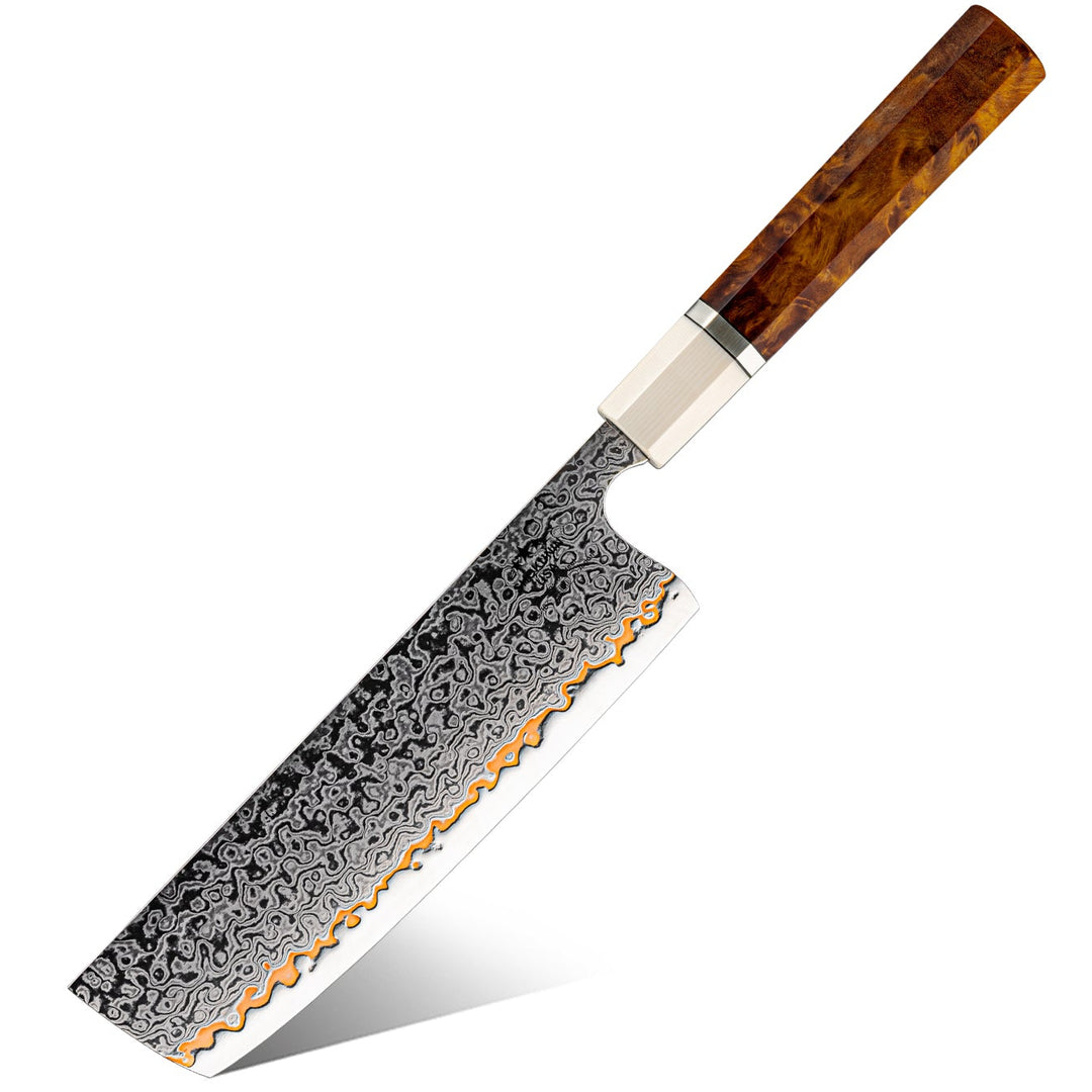 Chef knife - Raiden Handmade Copper Damascus Nakiri Knife with Exotic Rosewood Burl Composite Handle - Shokunin USA
