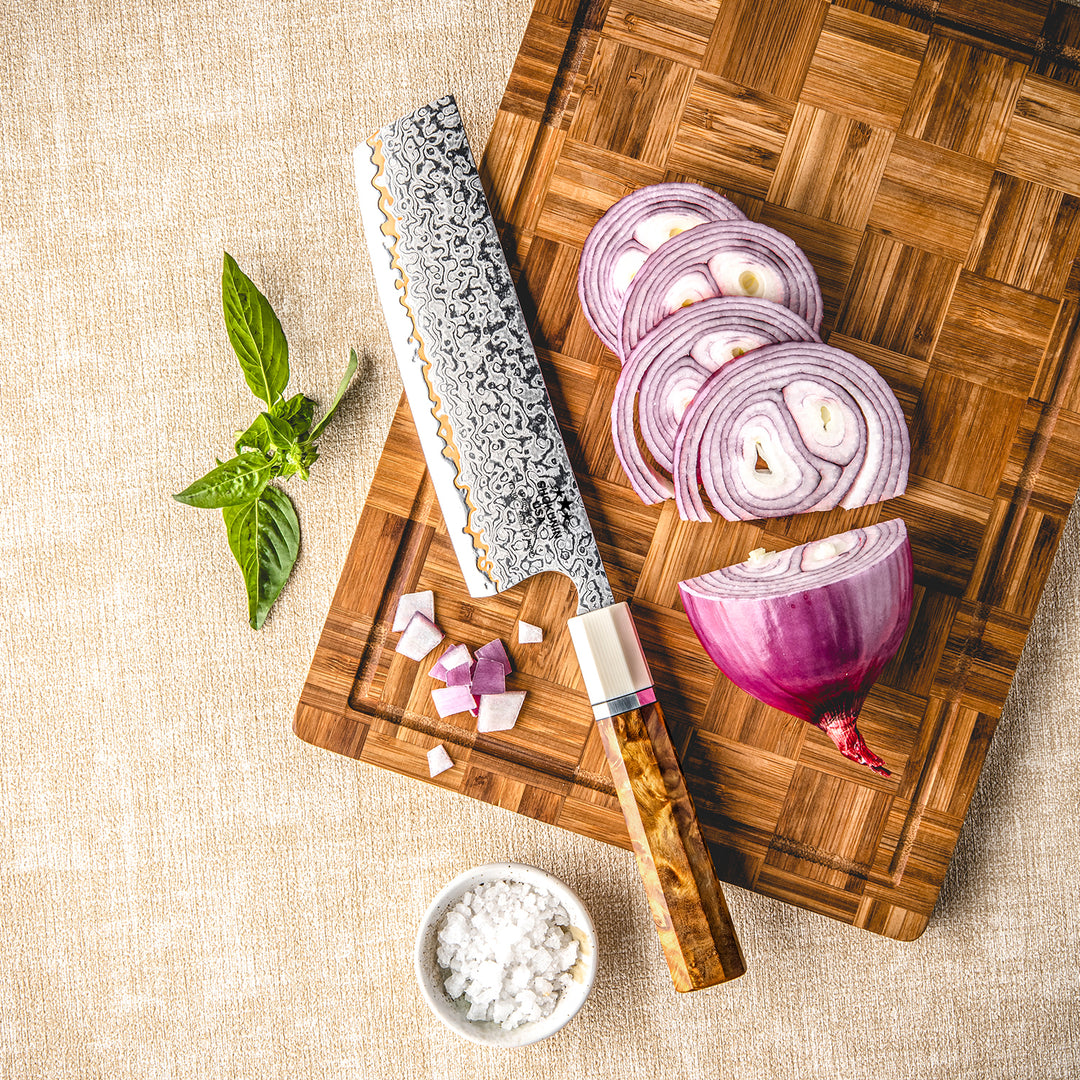 Chef knife - Raiden Handmade Copper Damascus Nakiri Knife with Exotic Rosewood Burl Composite Handle - Shokunin USA
