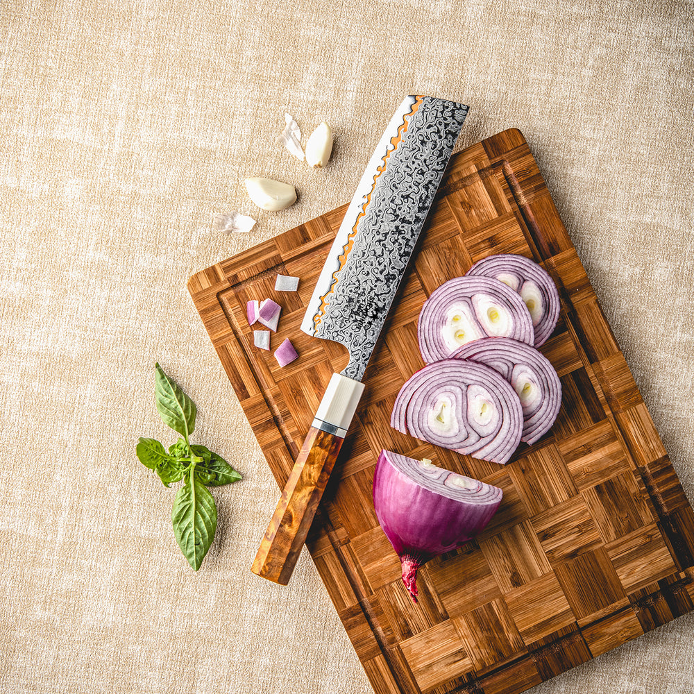 Chef knife - Raiden Handmade Copper Damascus Nakiri Knife with Exotic Rosewood Burl Composite Handle - Shokunin USA