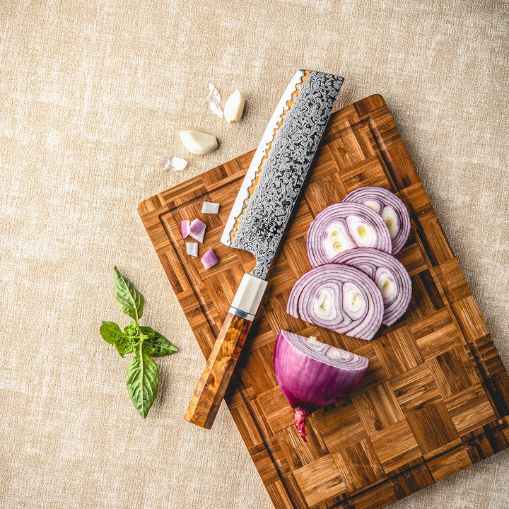 Chef knife - Raiden Handmade Copper Damascus Nakiri Knife with Exotic Rosewood Burl Composite Handle - Shokunin USA