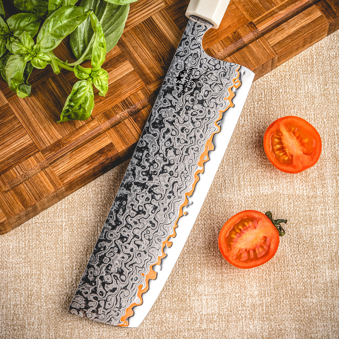 Chef knife - Raiden Handmade Copper Damascus Nakiri Knife with Exotic Rosewood Burl Composite Handle - Shokunin USA