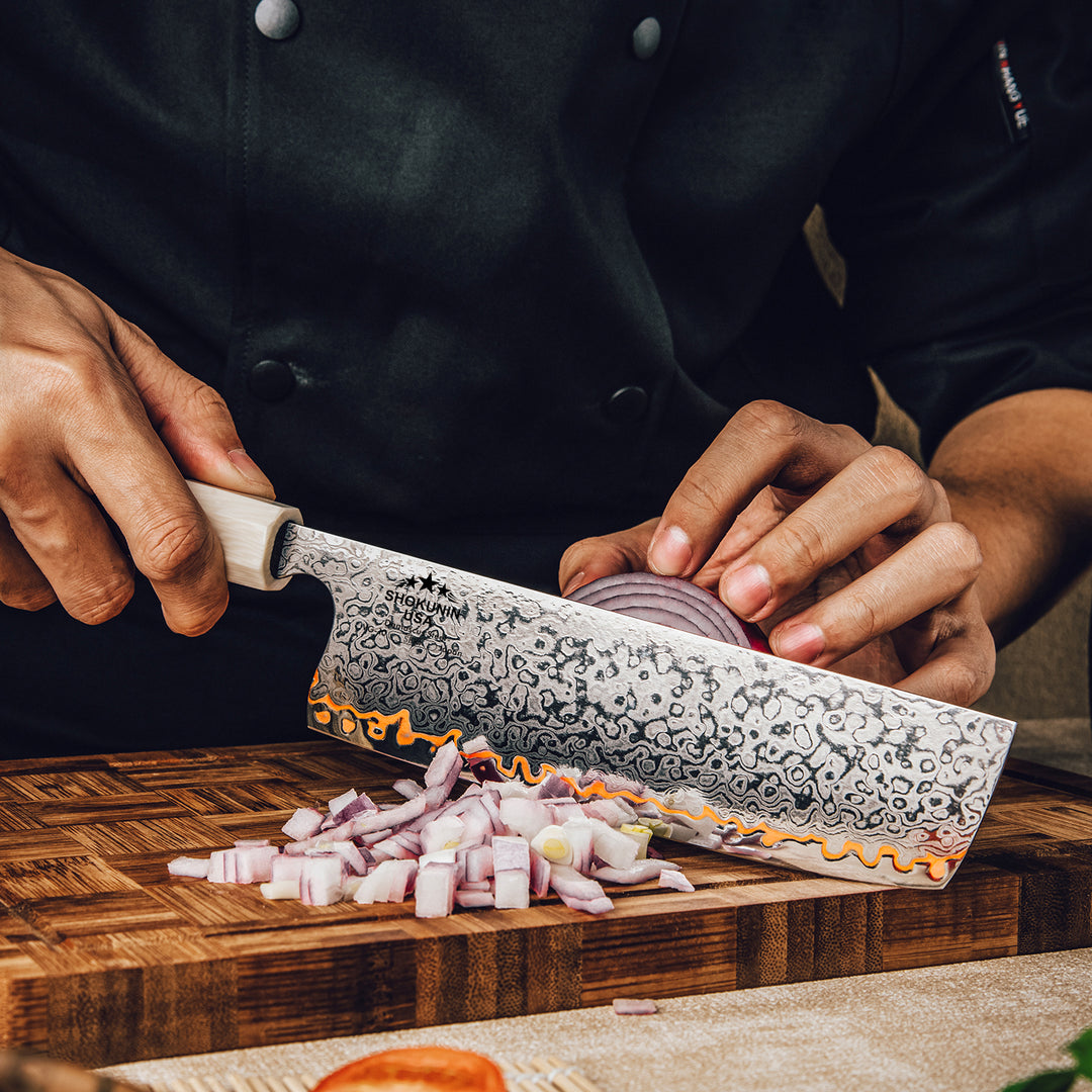 Chef knife - Raiden Handmade Copper Damascus Nakiri Knife with Exotic Rosewood Burl Composite Handle - Shokunin USA