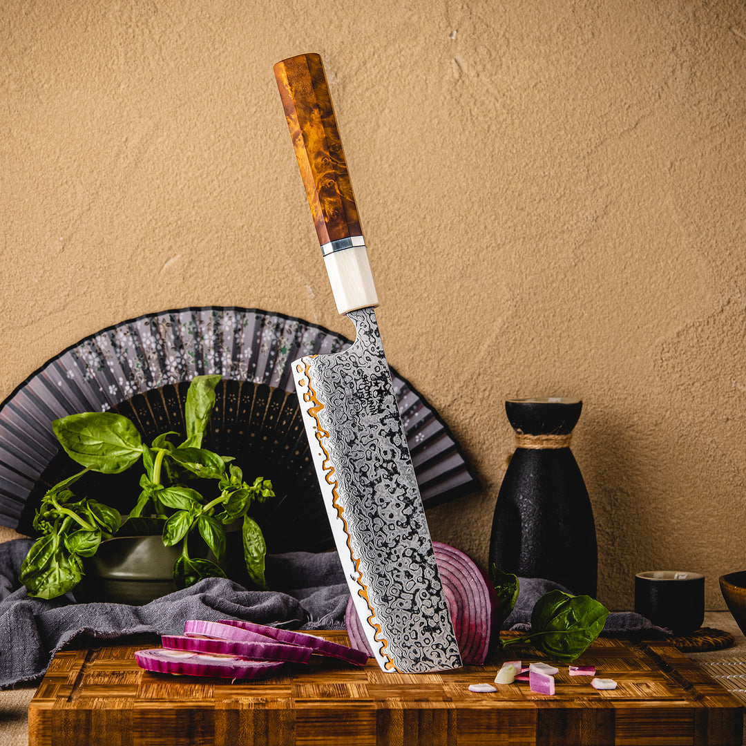 Chef knife - Raiden Handmade Copper Damascus Nakiri Knife with Exotic Rosewood Burl Composite Handle - Shokunin USA