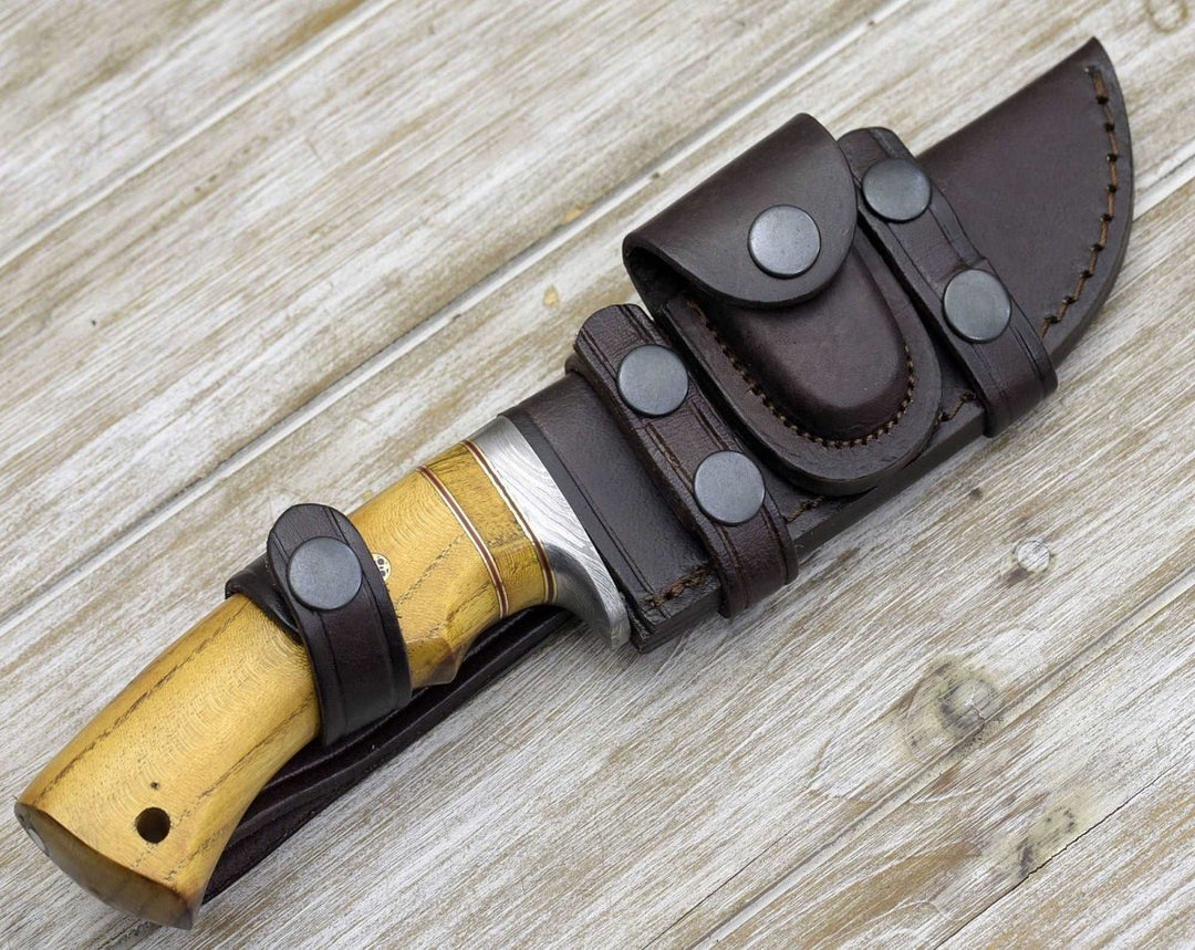 Odyssey Damascus Knife - Odyssey Damascus Hunting Knife with Exotic Yellow Heart Handle - Shokunin USA