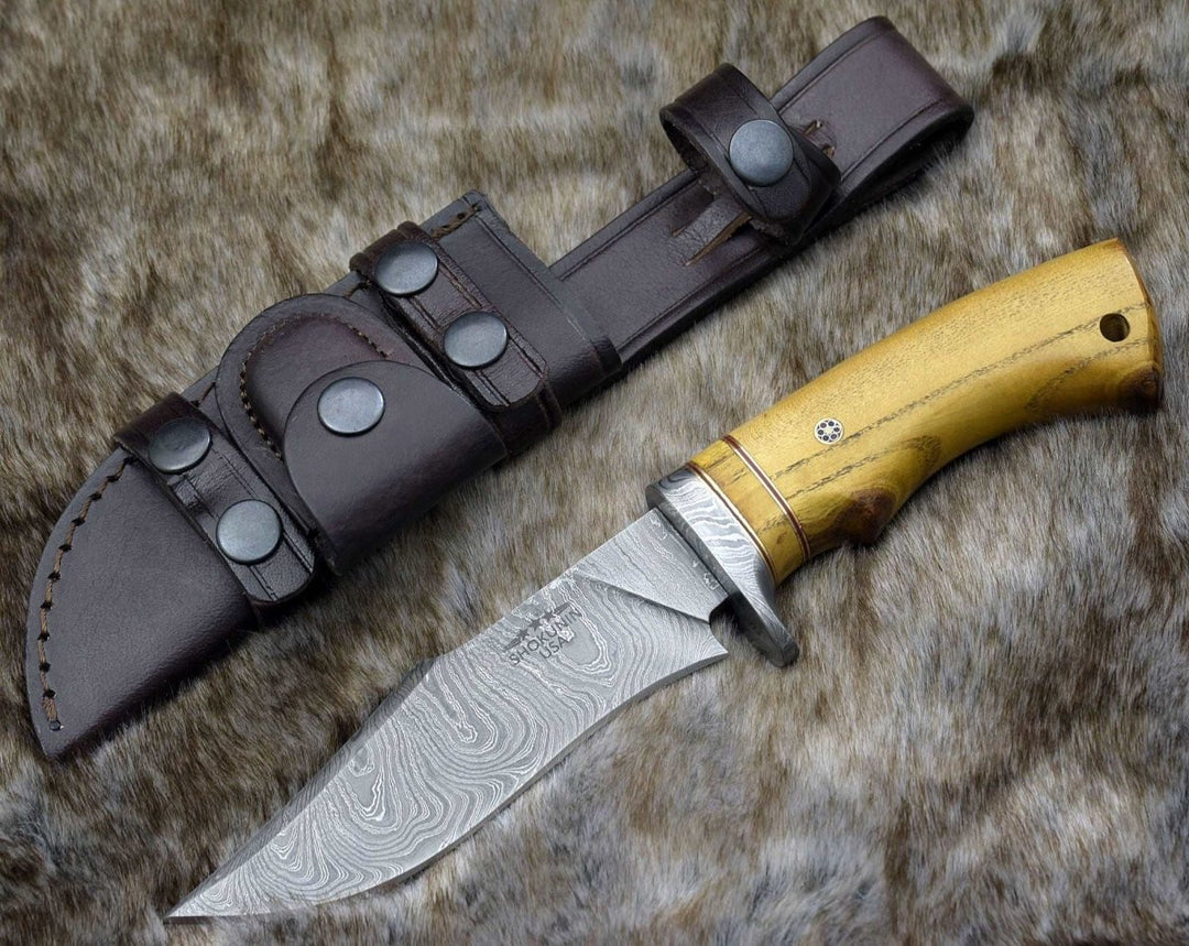 Odyssey Hunting Knives - Odyssey Damascus Hunting Knife with Exotic Yellow Heart Handle - Shokunin USA