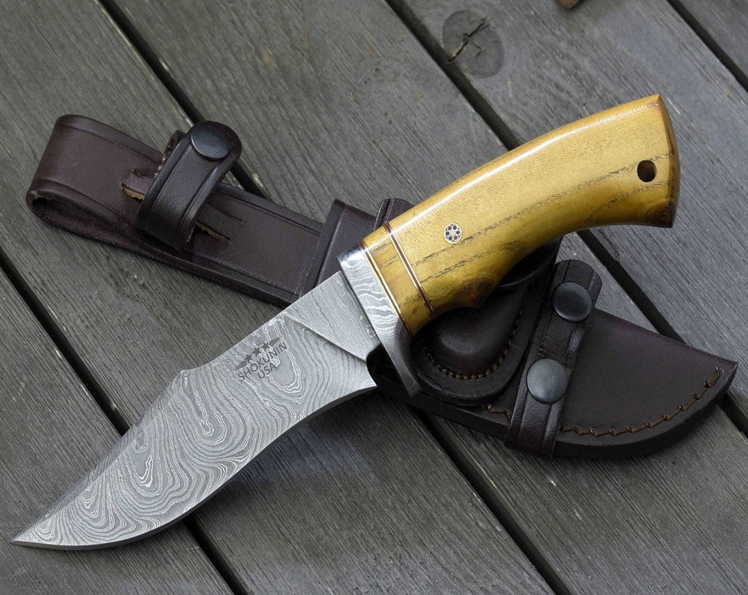 Odyssey Knife – Odyssey Damascus Hunting Knife with Exotic Yellow Heart Handle – shokuninusa