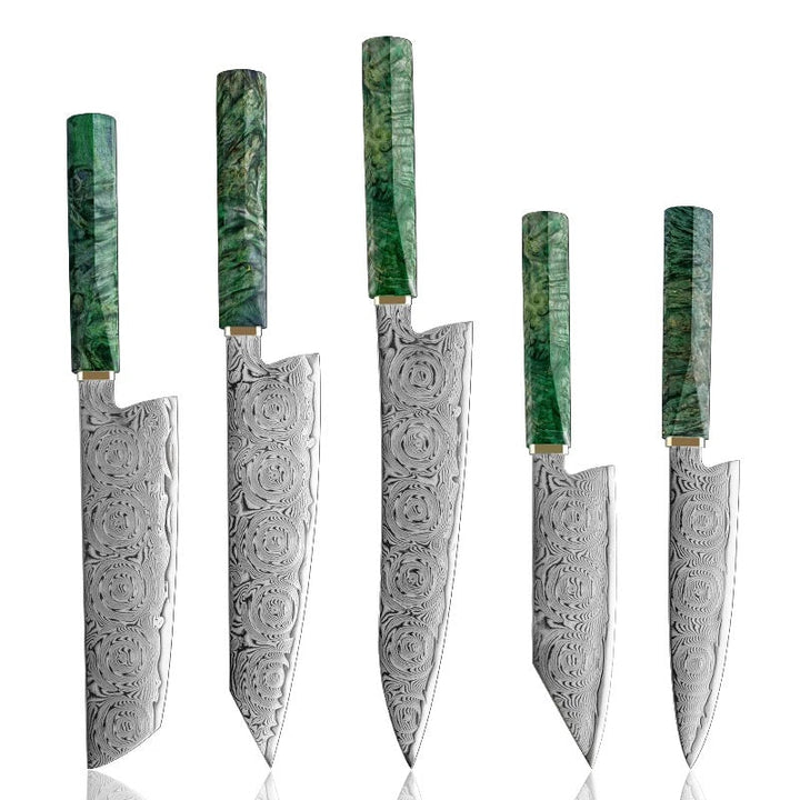 Japanese Knives Set – Onyx Japanese Knife Set for Kitchen 5 Pc with VG-10 Mosaic Damascus Steel 67 Layers and Exotic Stained Maple Burl Wood Handle – shokuninusa
