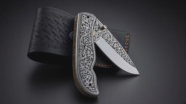 Outlaw Handmade Damascus Pocket Knife with Engraved Steel Handle
