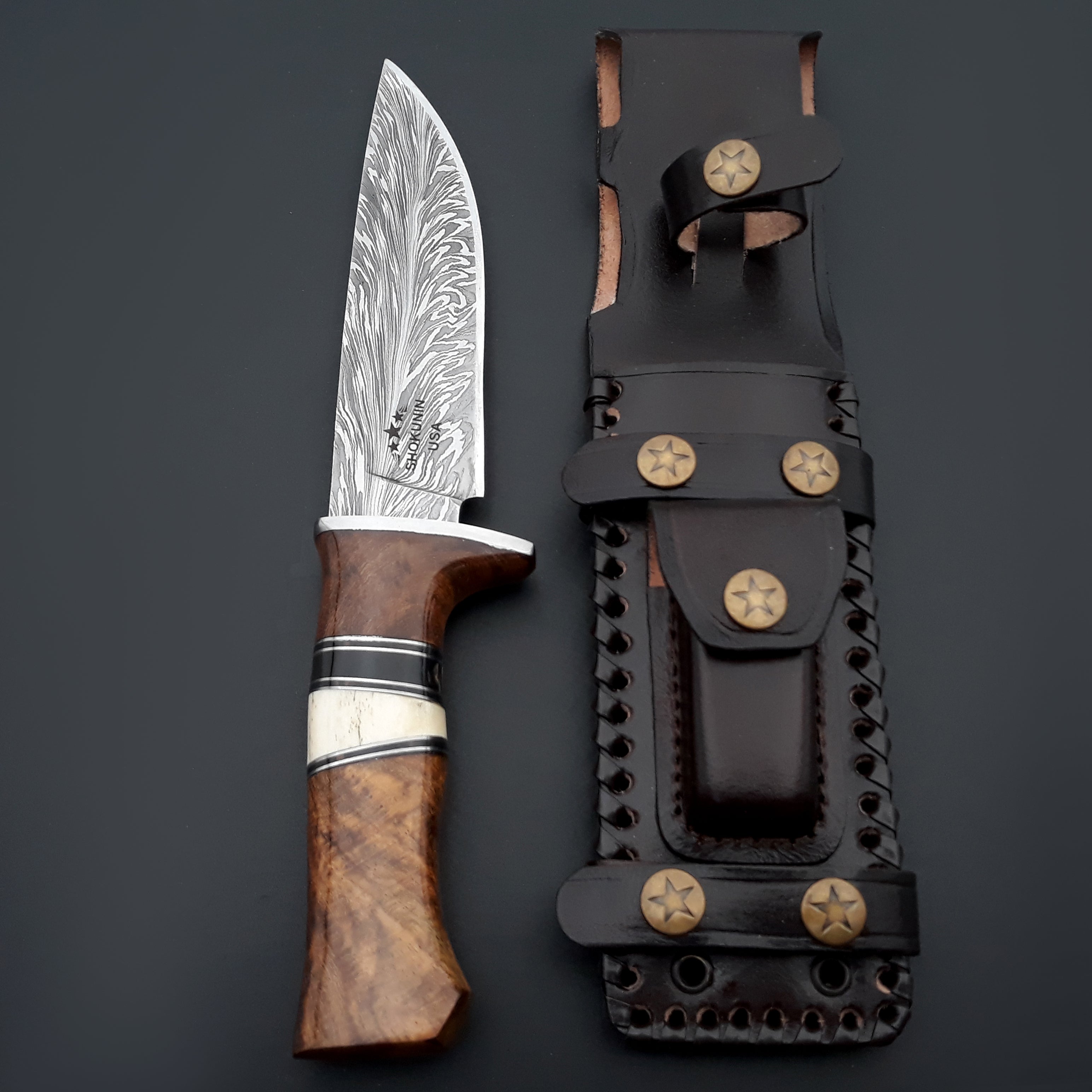 Premium Custom Hunting Knives - Feather Damascus - Shokunin USA