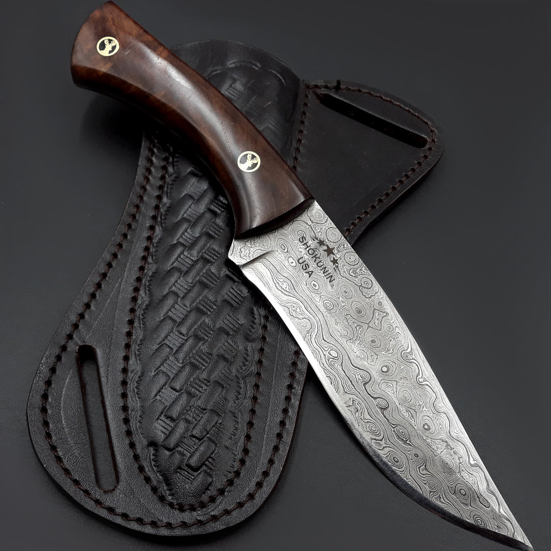 Cuchillo Bolt de acero de Damasco con mango de madera de rosa exótica