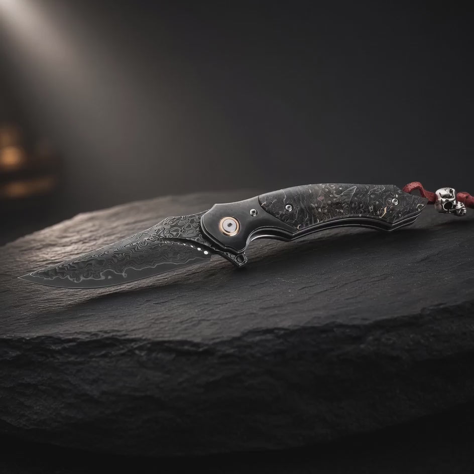 Venom Japanese Damascus Pocket Knife with Stained Maple Burl Wood Handle