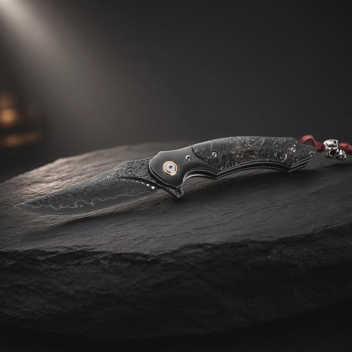 Venom Japanese Damascus Pocket Knife with Stained Maple Burl Wood Handle