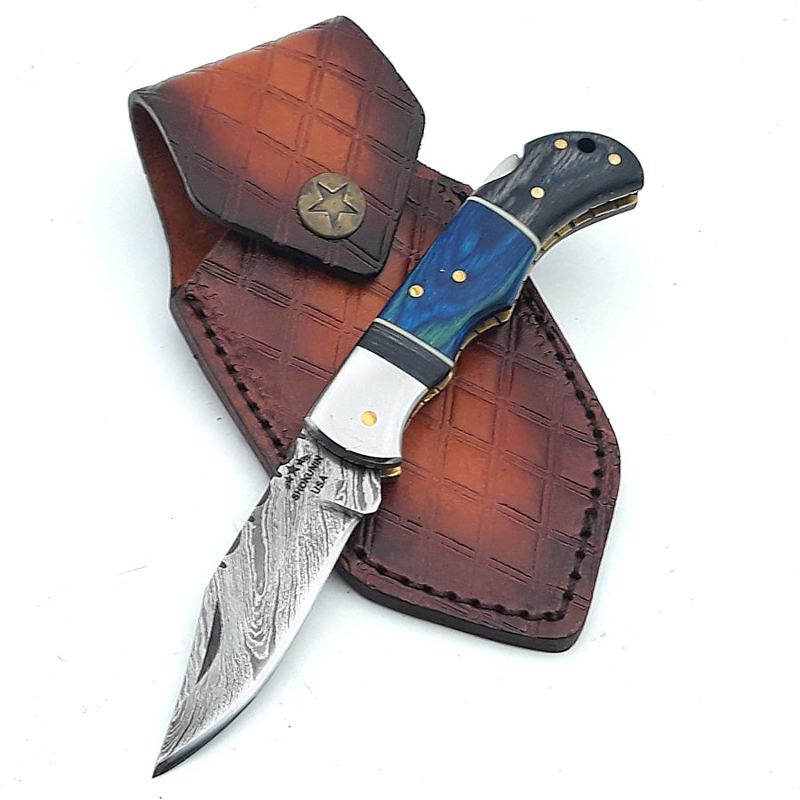 Folding Hunting Knife – Damascus Blade Wangi Wood main image 1
