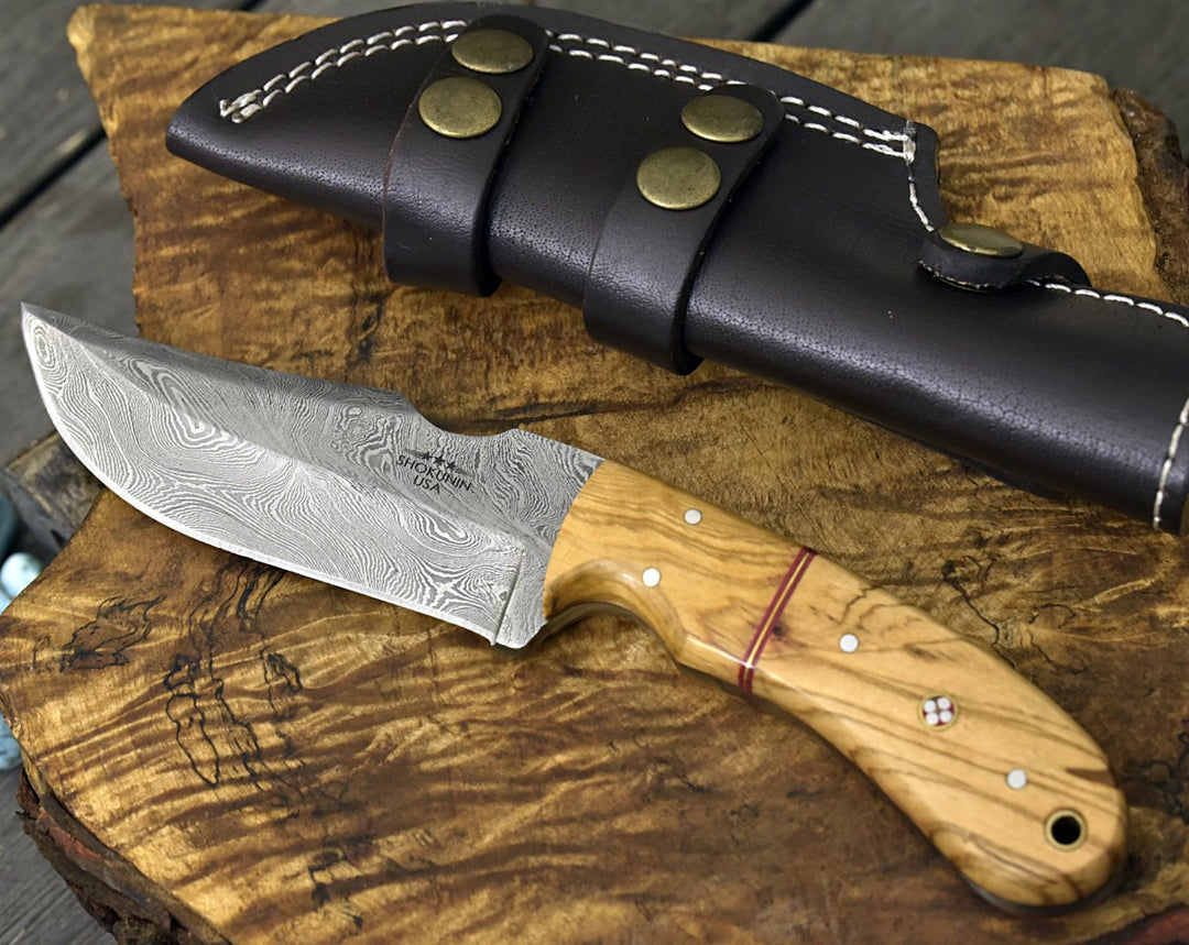 Puma Skinner Knife - Puma Damascus Steel Hunting Knife Olive Wood Handle &amp; Sheath - Shokunin USA