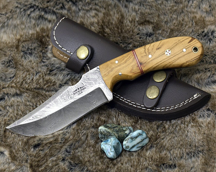 Puma Skinning Knives - Puma Damascus Steel Hunting Knife Olive Wood Handle &amp; Sheath - Shokunin USA