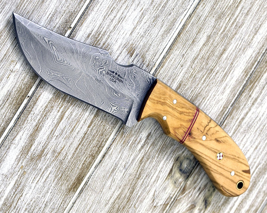 Puma Skinning Knife - Puma Damascus Steel Hunting Knife Olive Wood Handle &amp; Sheath - Shokunin USA