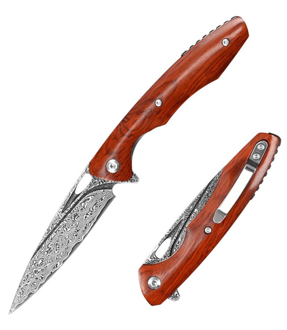 Quicksilver Skinner Knife – Quicksilver Handmade Japanese Damascus Pocket Knife with Exotic Red Sandalwood Handle – shokuninusa